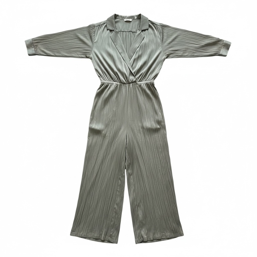 JOIE Satin Jumpsuit Seafoam Green Wide Leg Long Sleeve Belt Loops Womens Large - Picture 2 of 4